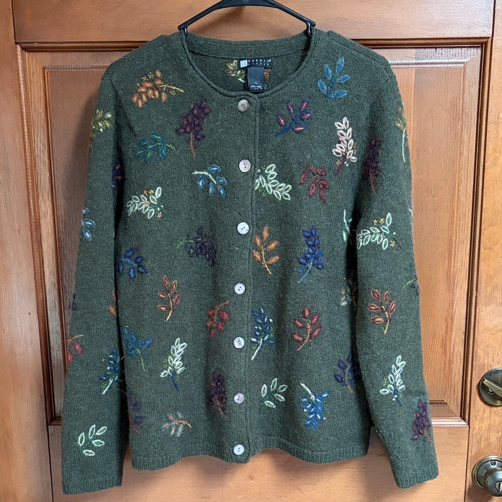 Carole Little Olive Multicolor Embroidered Wool Cardigan Size Large